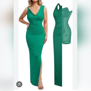 Popilush Women's Green Solid Cowl Neck Ruched Sculpting Maxi Dress Size Small